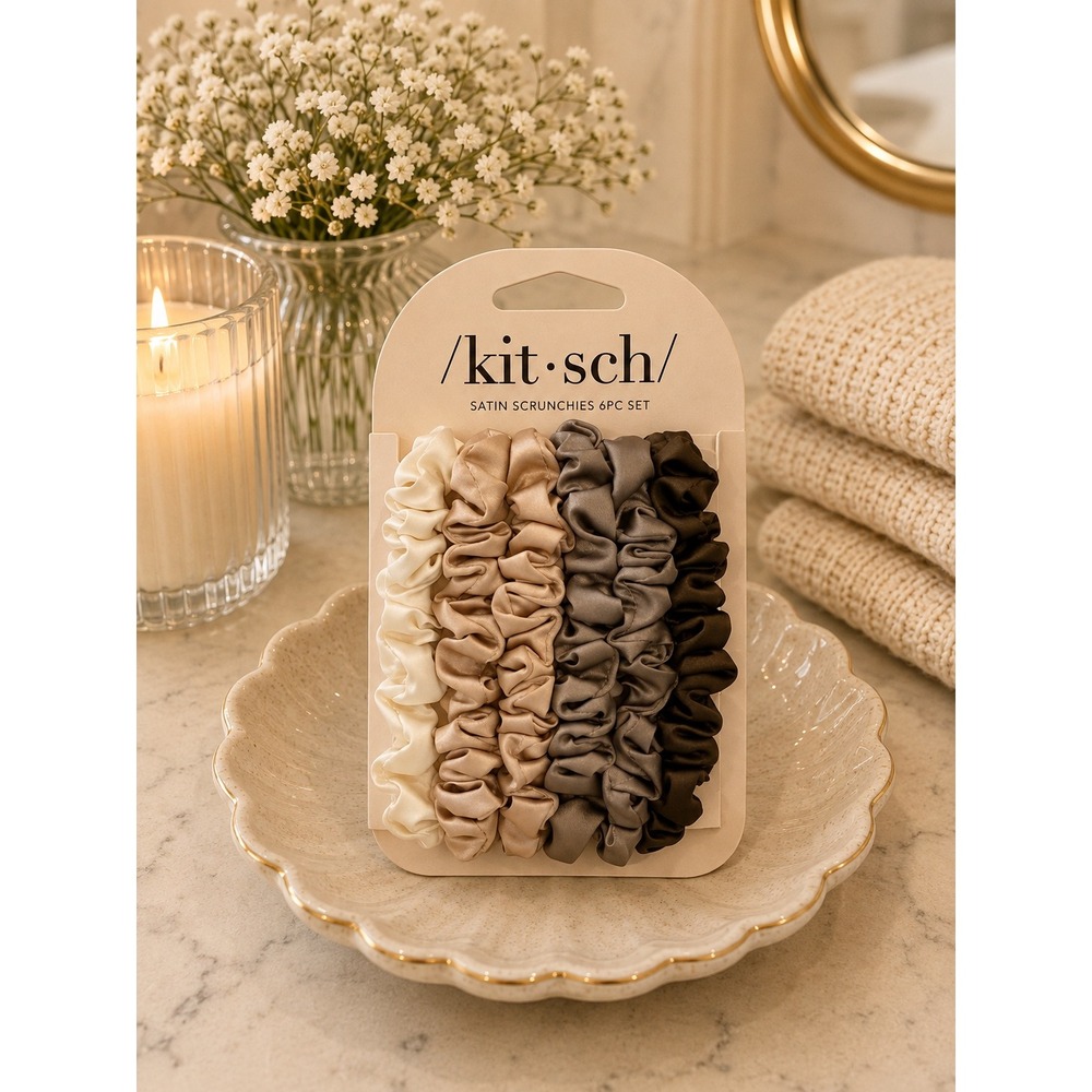 Kitsch Ultra Petite Satin Scrunchies 6pc Set Eucalyptus Neutral Hair Ties New